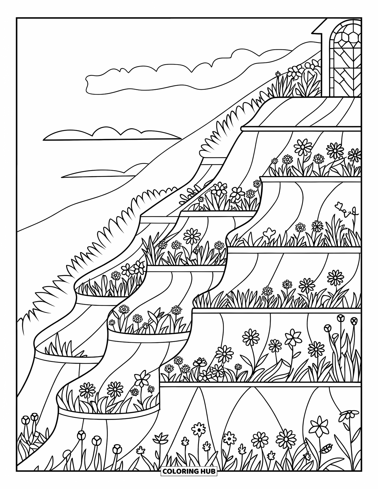 Landscape Scenery Coloring Page for Adults: Terraced mountains bloom with wildflowers and stained-glass edges