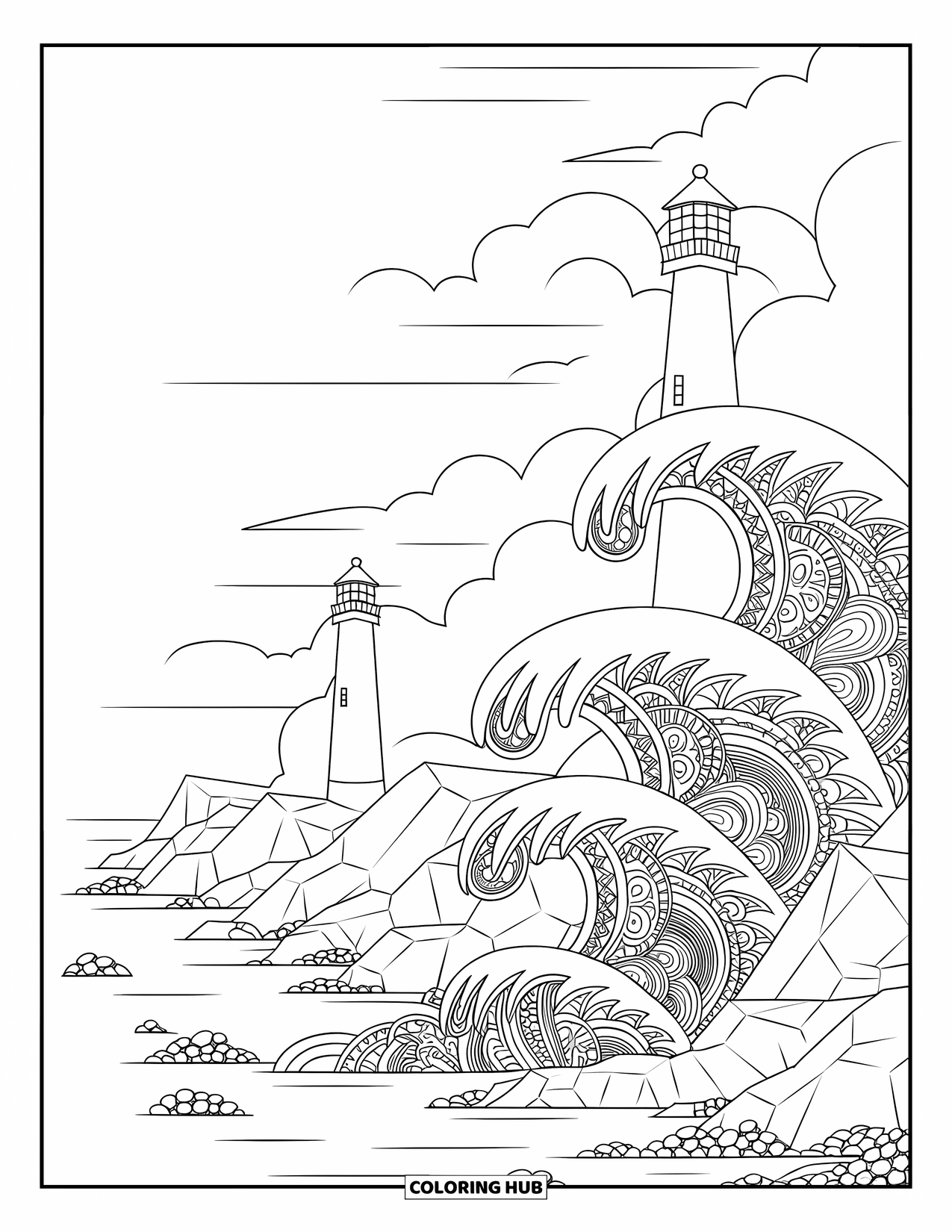 Landscape Scenery Coloring Page for Adults: Twin lighthouses rise above waves swirling in detailed mandala forms