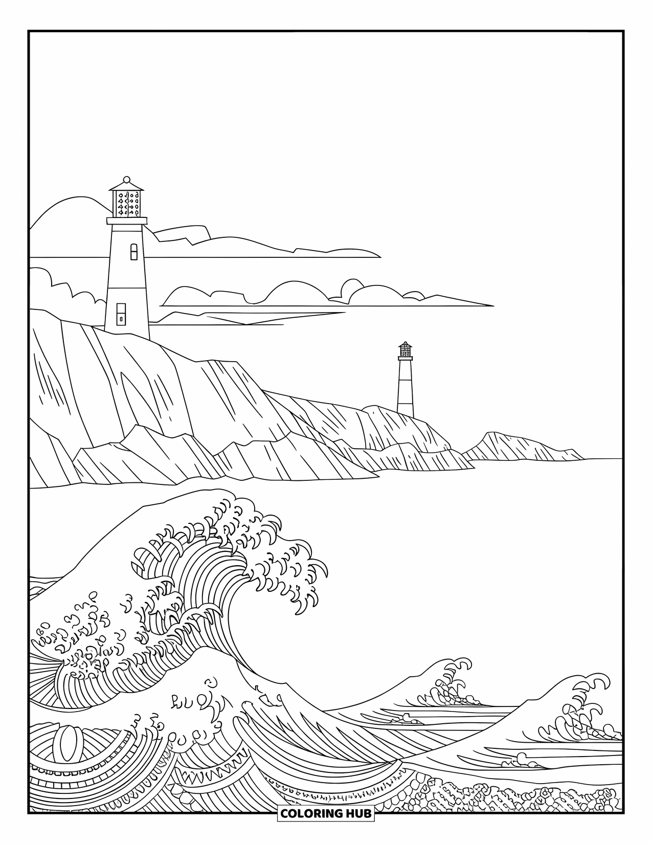 Landscape Scenery Coloring Page for Adults: Two lighthouses stand on rocky shores with intricate wave patterns