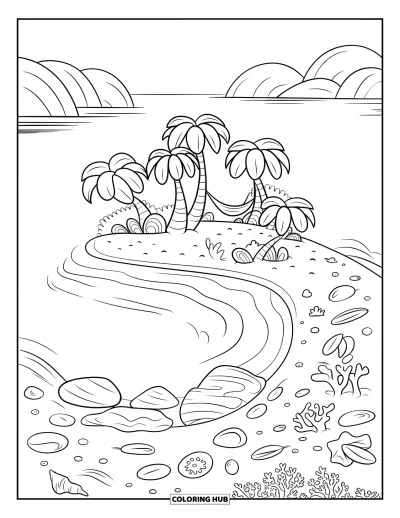 Landscape Scenery Coloring Page for Kids: A calm island lagoon with curved palms, rocks, and a cozy hammock