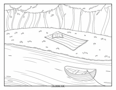 Landscape Scenery Coloring Page for Kids: A calm river flows beside a picnic setup under tall, leafy trees