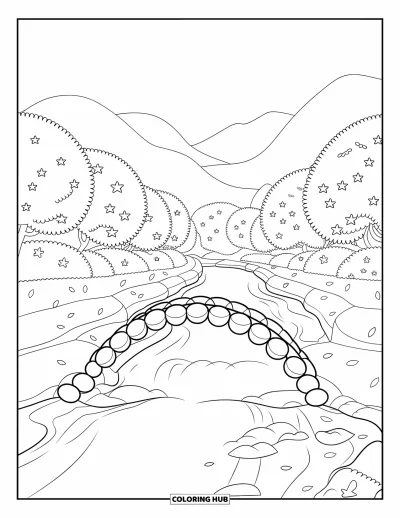 Landscape Scenery Coloring Page for Kids: A calm river under cherry trees with an arched bridge and hills