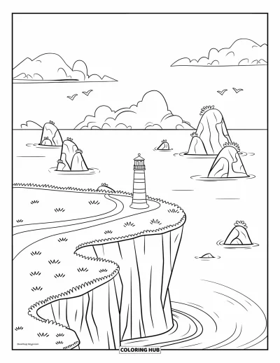 Landscape Scenery Coloring Page for Kids: A cheerful seaside cliff with a lighthouse and birds flying nearby