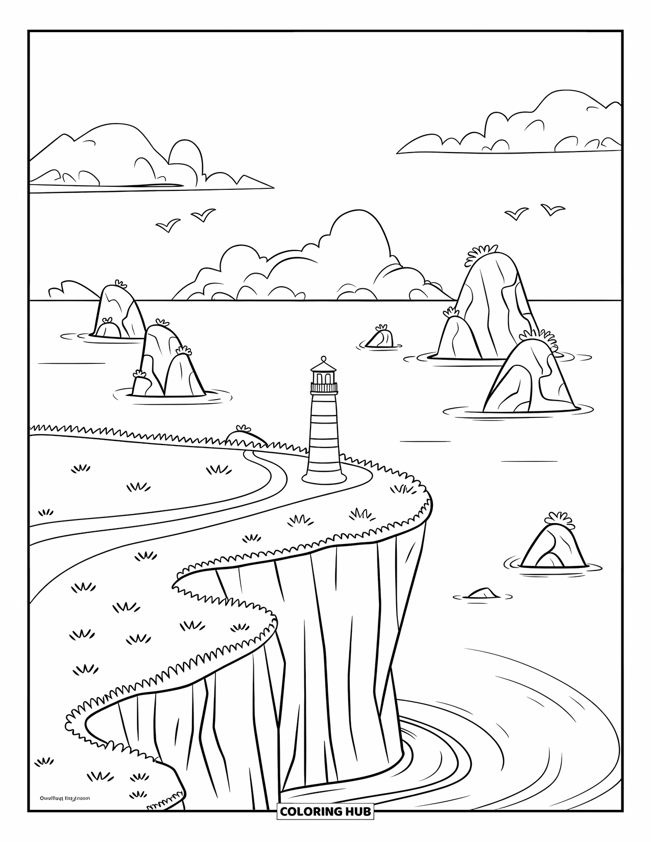 Landscape Scenery Coloring Page for Kids: A cheerful seaside cliff with a lighthouse and birds flying nearby