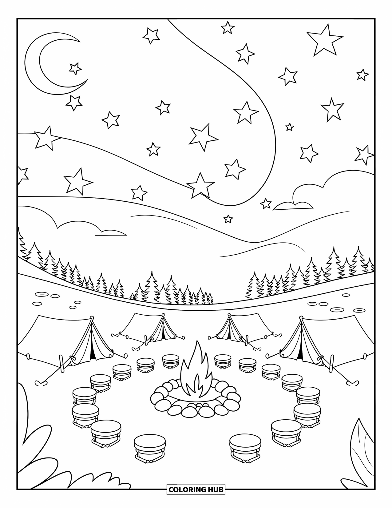 Landscape Scenery Coloring Page for Kids: A cozy campsite beneath a starry sky with tents and pine trees