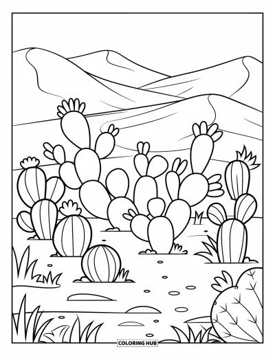 Landscape Scenery Coloring Page for Kids: A desert of gentle dunes dotted with adorable round cacti