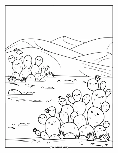 Landscape Scenery Coloring Page for Kids: A desert scene with soft sand dunes and cute, round cacti