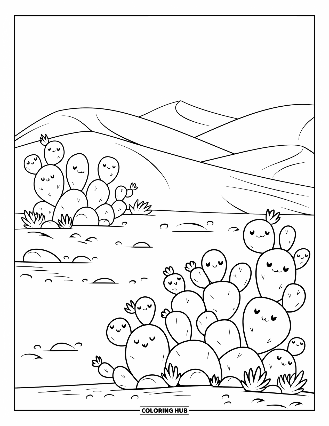 Landscape Scenery Coloring Page for Kids: A desert scene with soft sand dunes and cute, round cacti