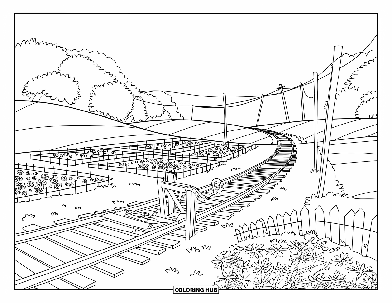 Landscape Scenery Coloring Page for Kids: A field railway crosses flowery meadows beneath hills and open skies