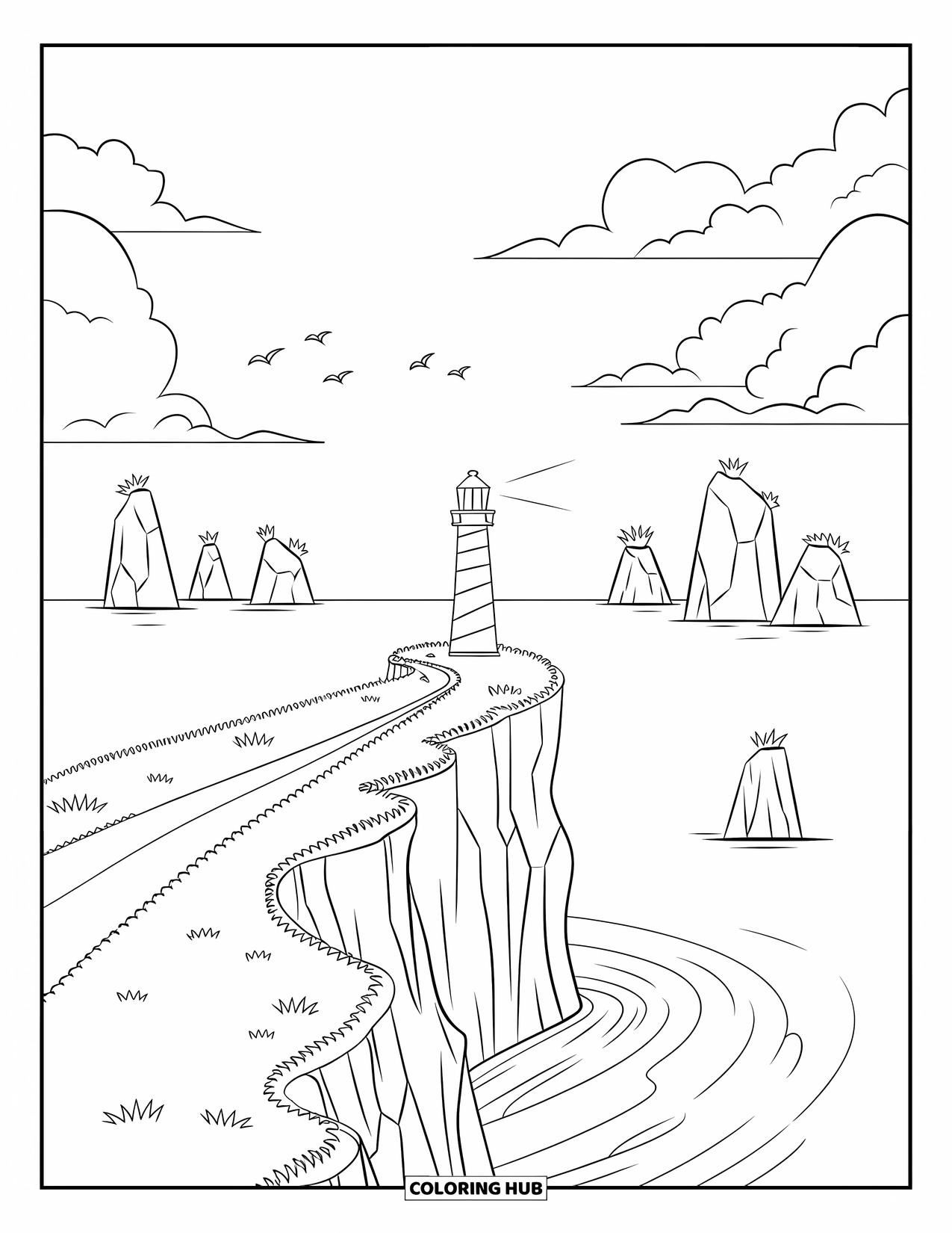 Landscape Scenery Coloring Page for Kids: A grassy cliff overlooks the ocean with a lighthouse on top
