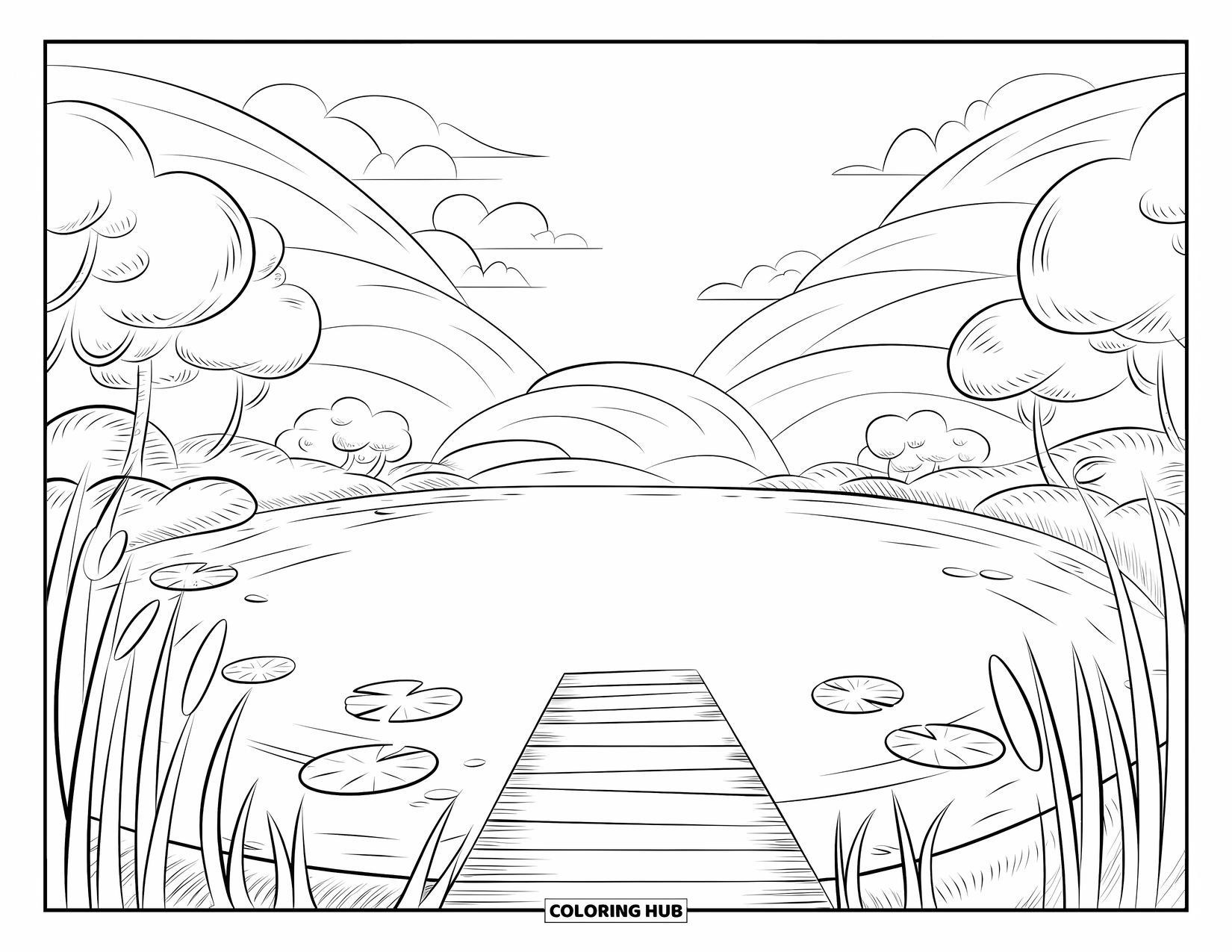 Landscape Scenery Coloring Page for Kids: A mountain lake with trees, reeds, and a curved wooden dock