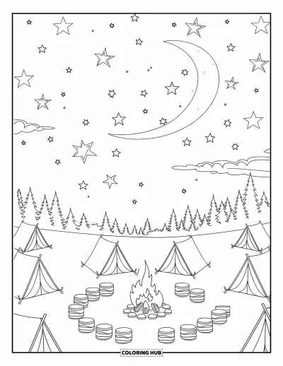 Landscape Scenery Coloring Page for Kids: A night meadow with tents, a glowing fire, and twinkling stars