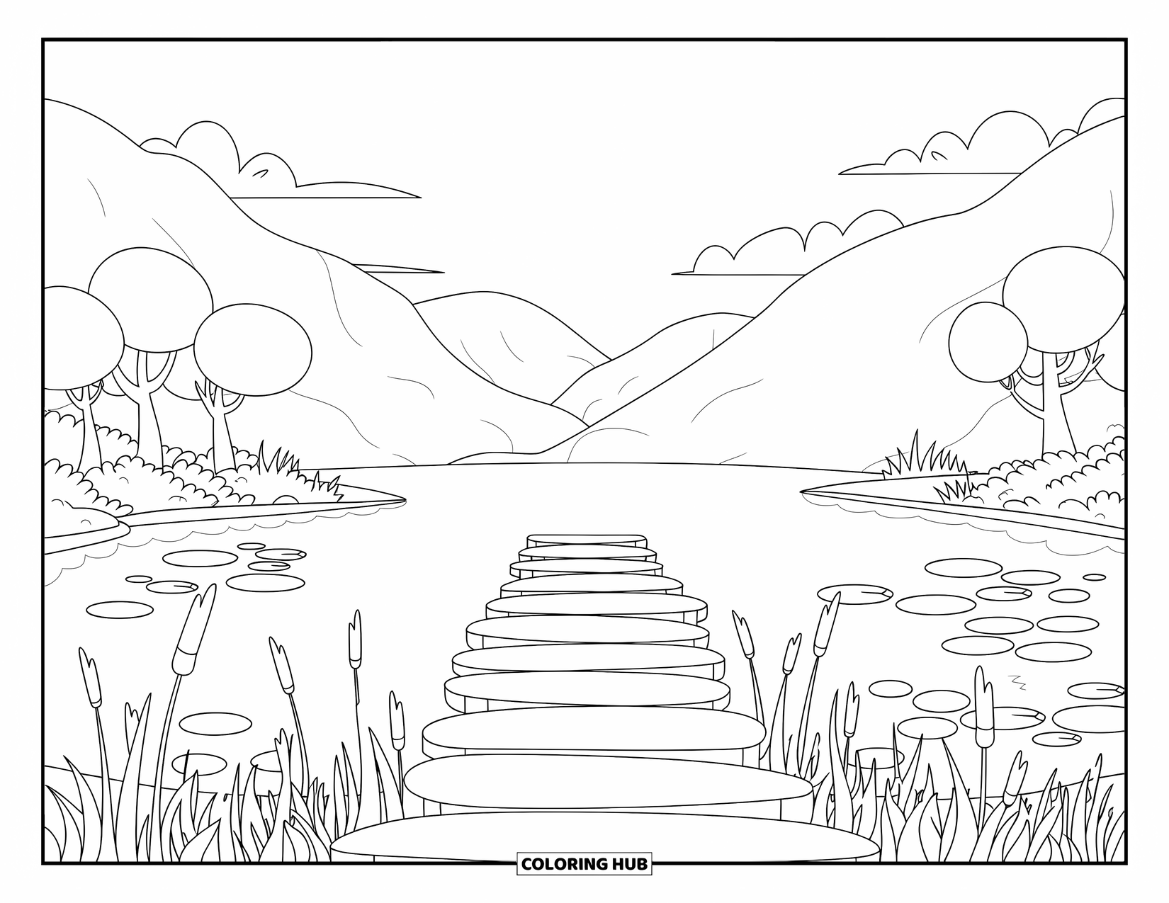 Landscape Scenery Coloring Page for Kids: A peaceful lake with a dock, trees, and fluffy clouds above