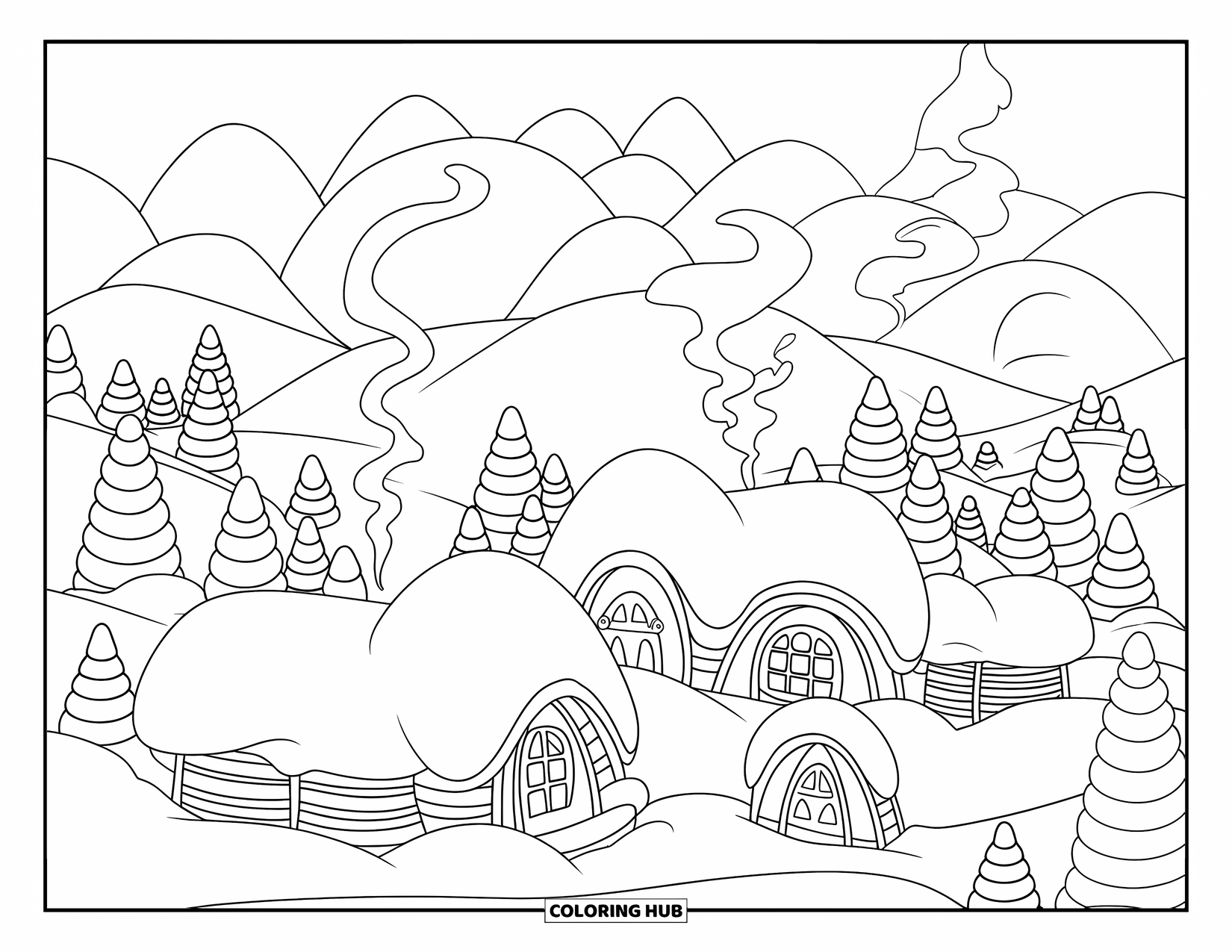 Landscape Scenery Coloring Page for Kids: A peaceful snow village surrounded by pines and soft mountain peaks