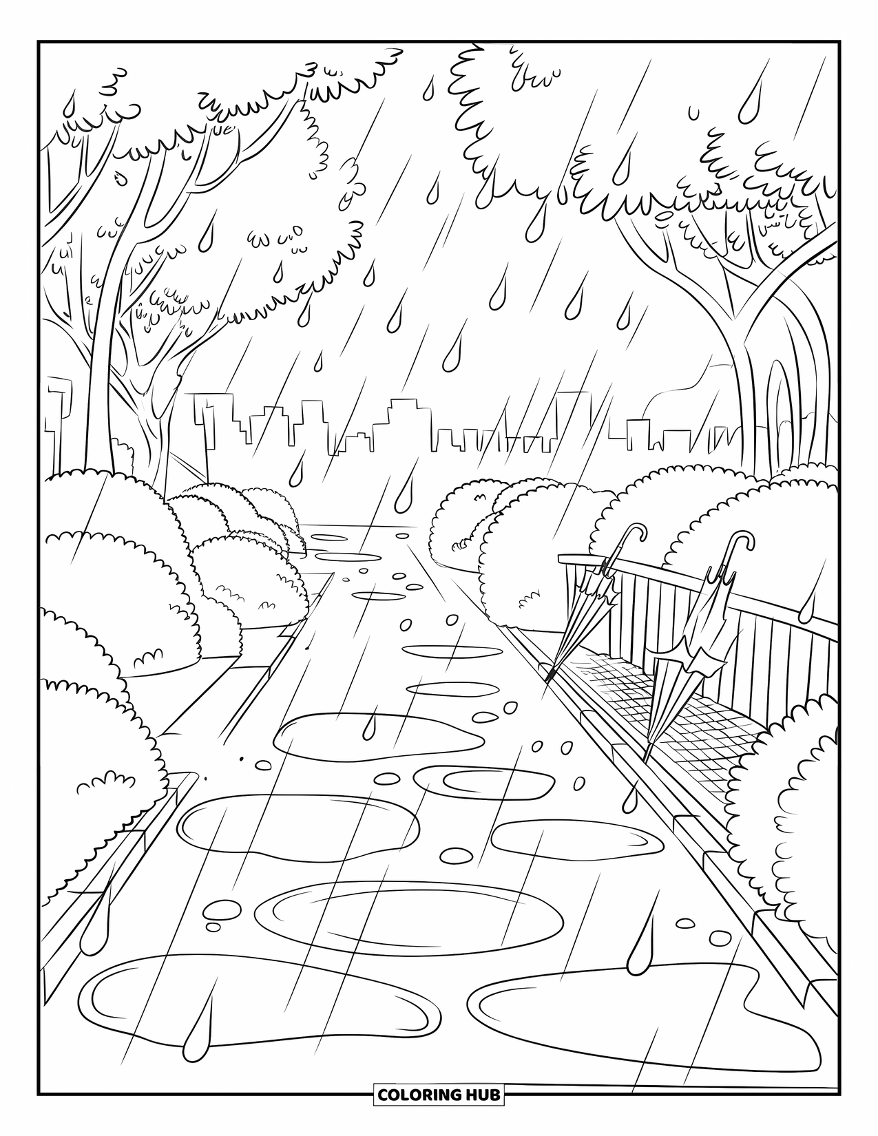 Landscape Scenery Coloring Page for Kids: A quiet path in the rain with trees and umbrellas by the fence