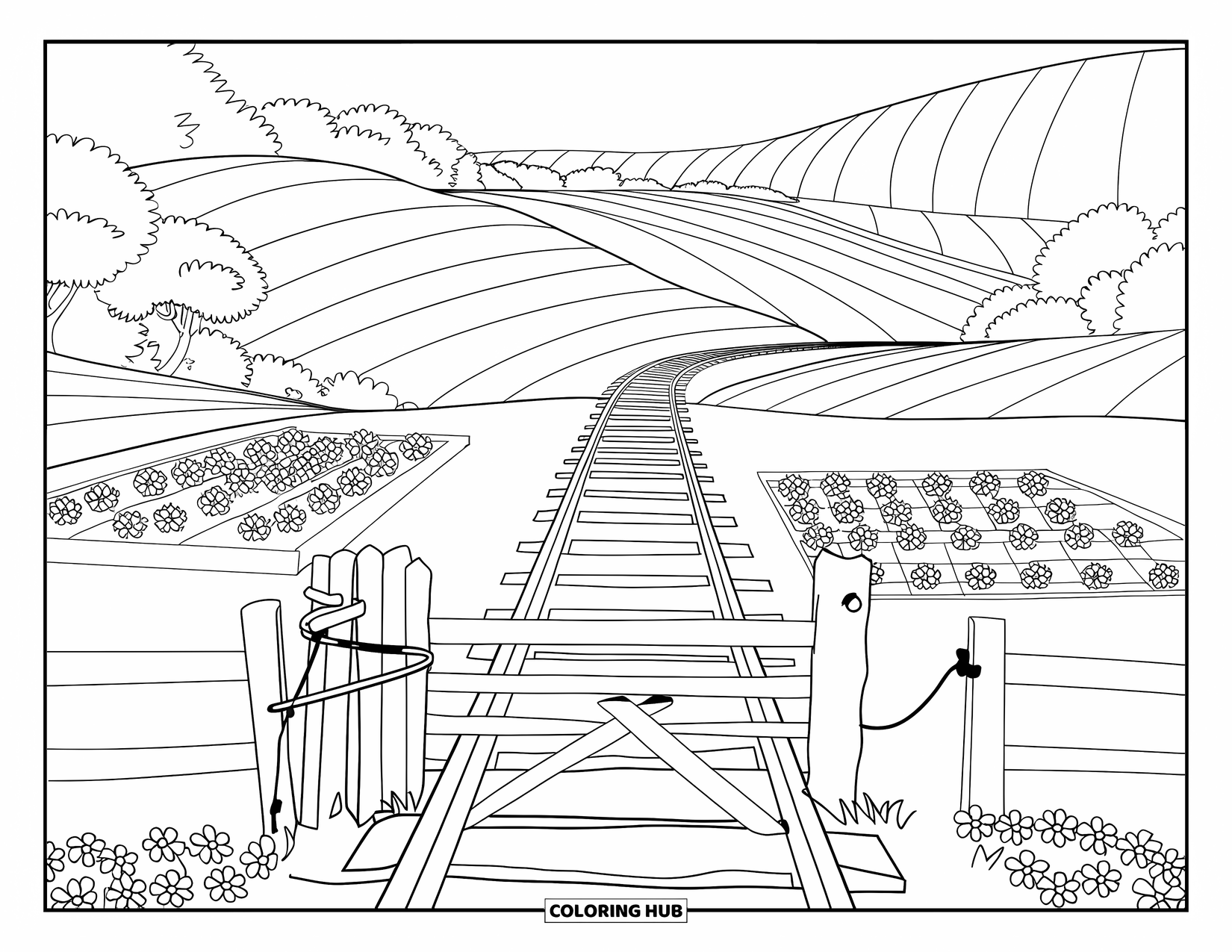 Landscape Scenery Coloring Page for Kids: A quiet railway runs past meadows, gardens, and gentle rolling hills