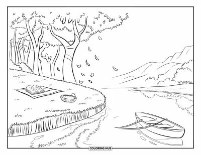 Landscape Scenery Coloring Page for Kids: A quiet riverside picnic with trees, mountains, and a floating rowboat