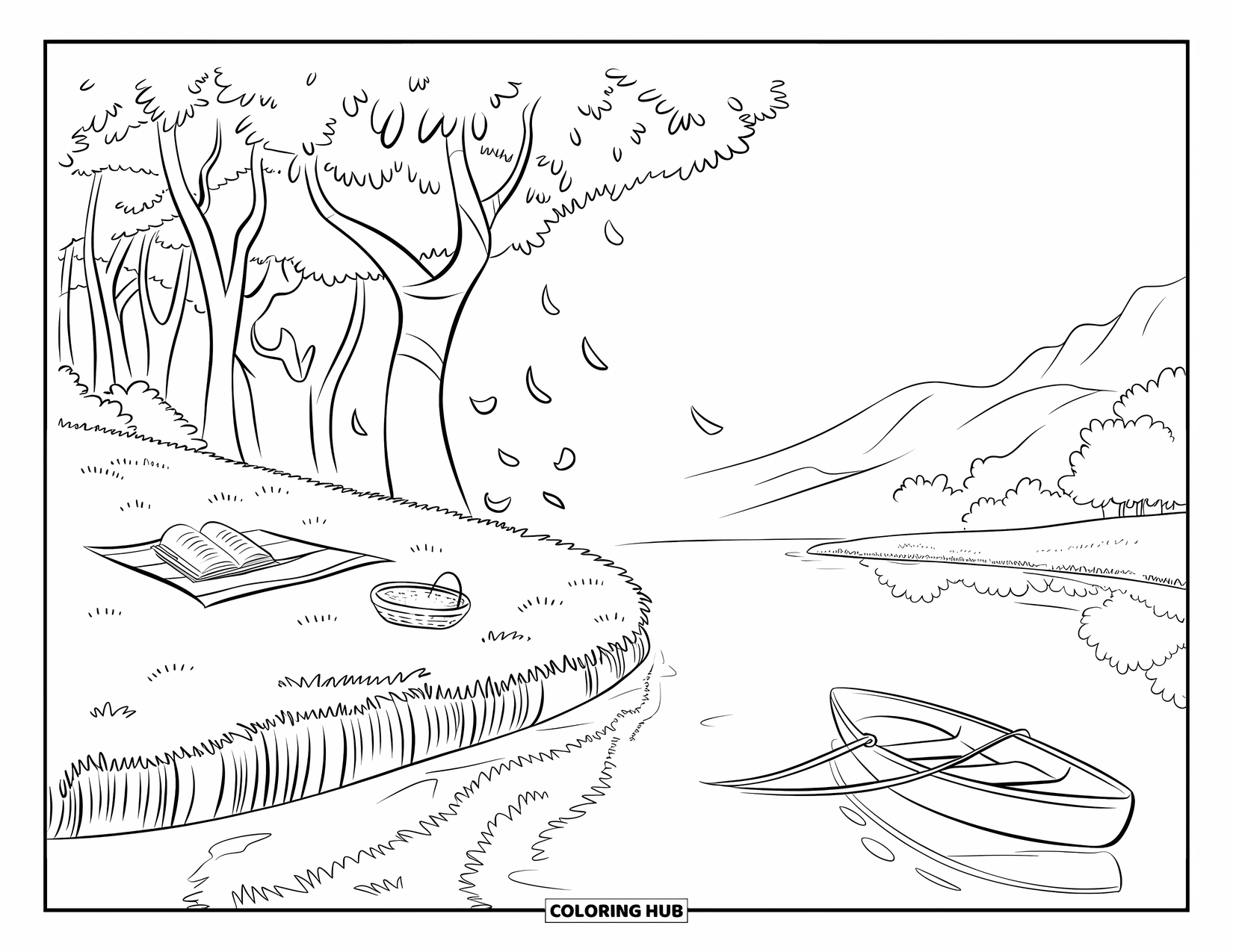 Landscape Scenery Coloring Page for Kids: A quiet riverside picnic with trees, mountains, and a floating rowboat