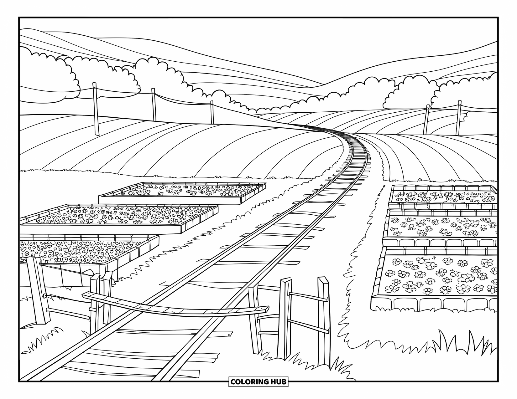 Landscape Scenery Coloring Page for Kids: A railway curves through meadows filled with flowers and soft hills
