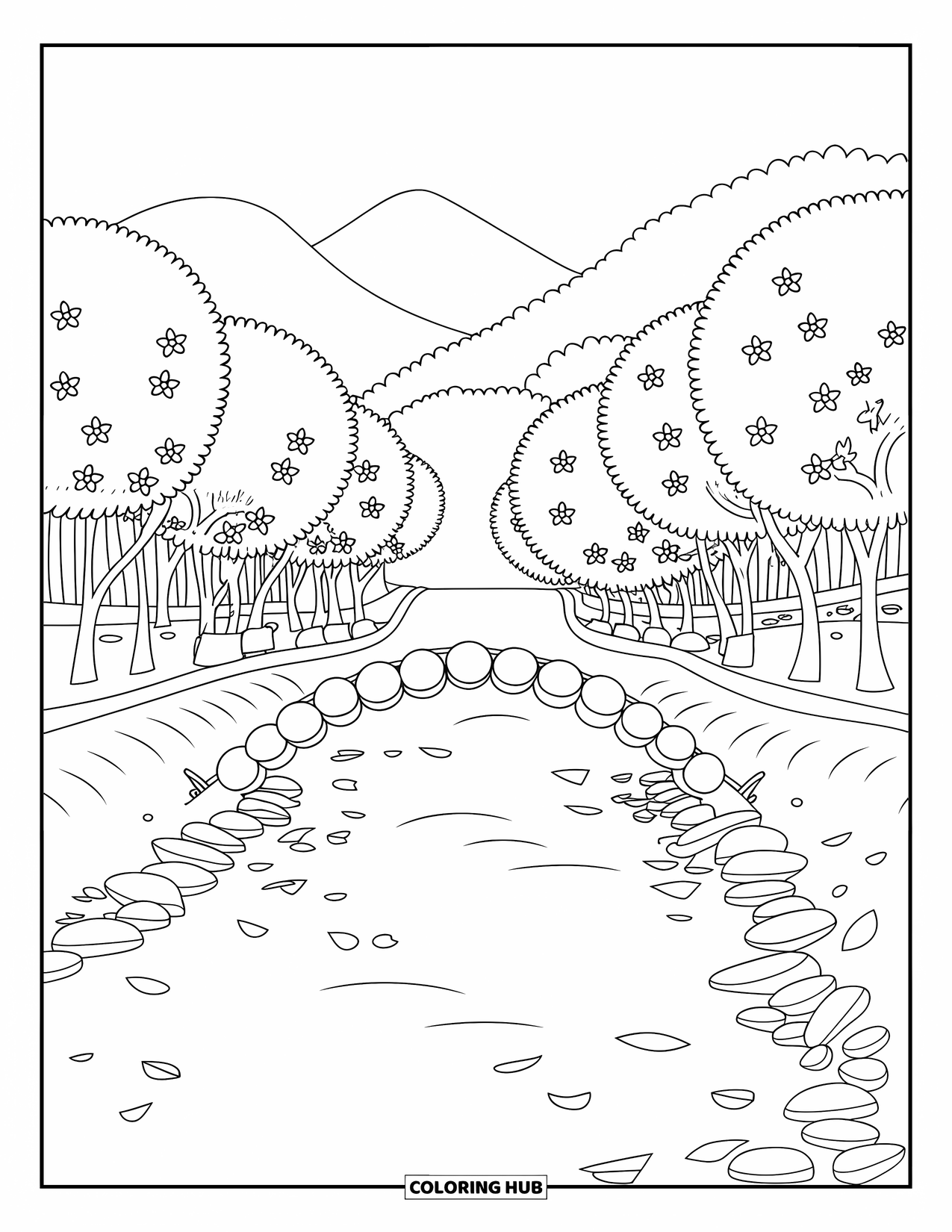 Landscape Scenery Coloring Page for Kids: A river with a wooden bridge, cherry blossoms, and falling petals