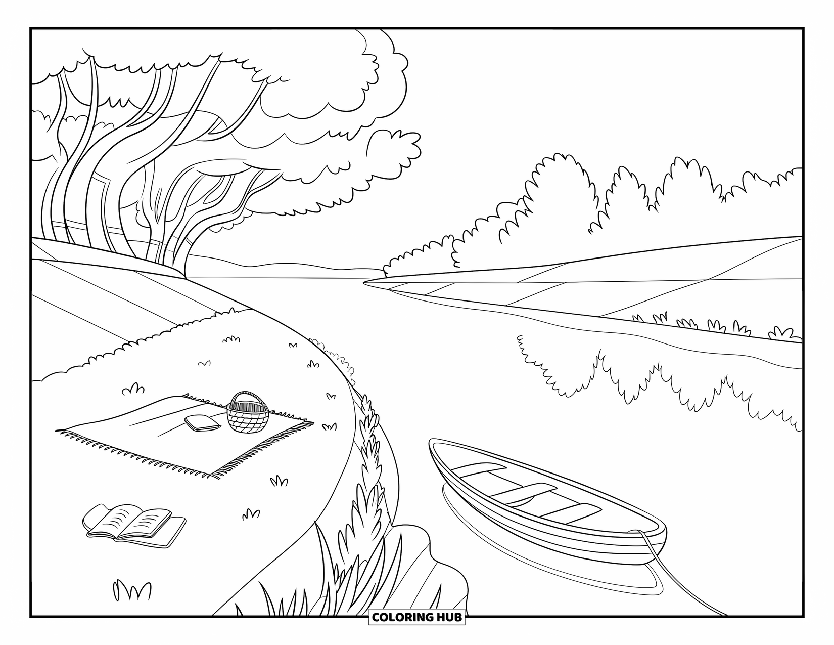 Landscape Scenery Coloring Page for Kids: A riverside scene with a picnic blanket, trees, and a calm boat on the water