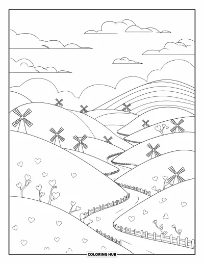 Landscape Scenery Coloring Page for Kids: A rolling countryside with windmills, fences, and curving paths