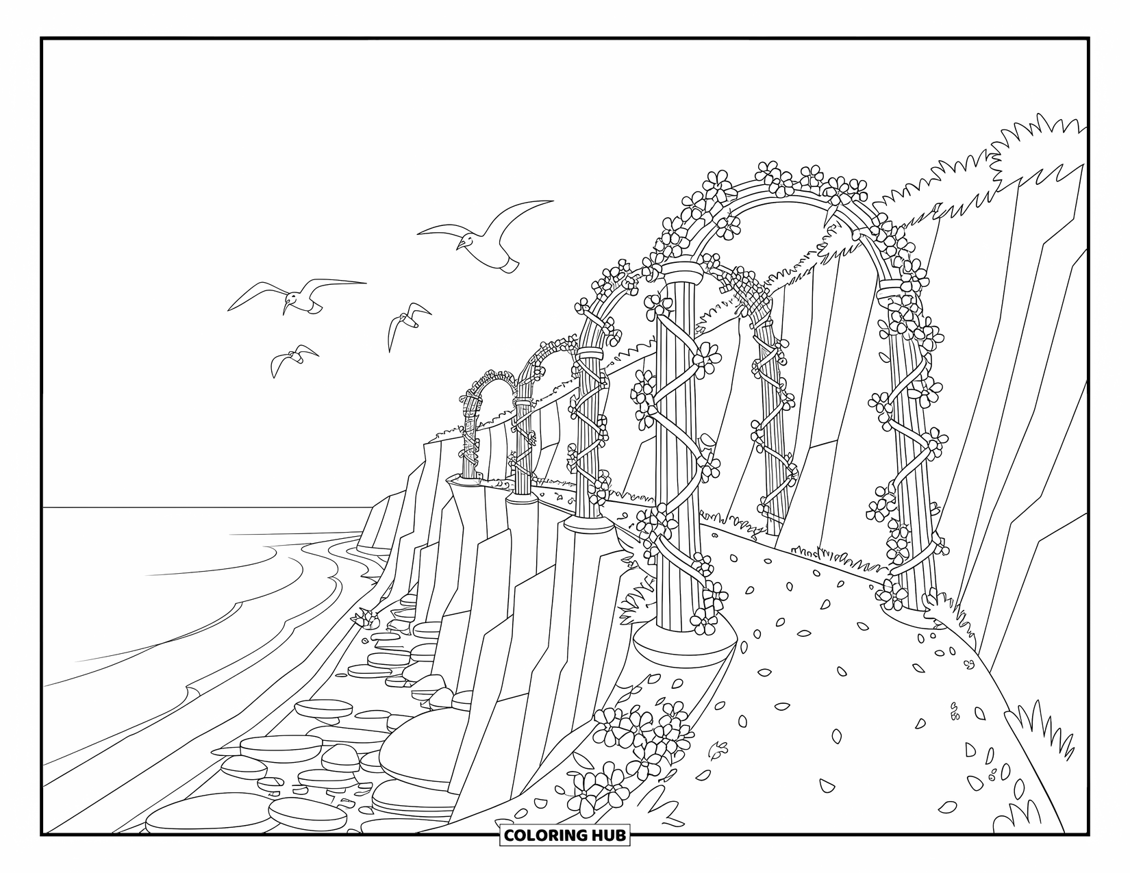 Landscape Scenery Coloring Page for Kids: A seaside cliff path lined with flowering arches and gentle ocean waves below