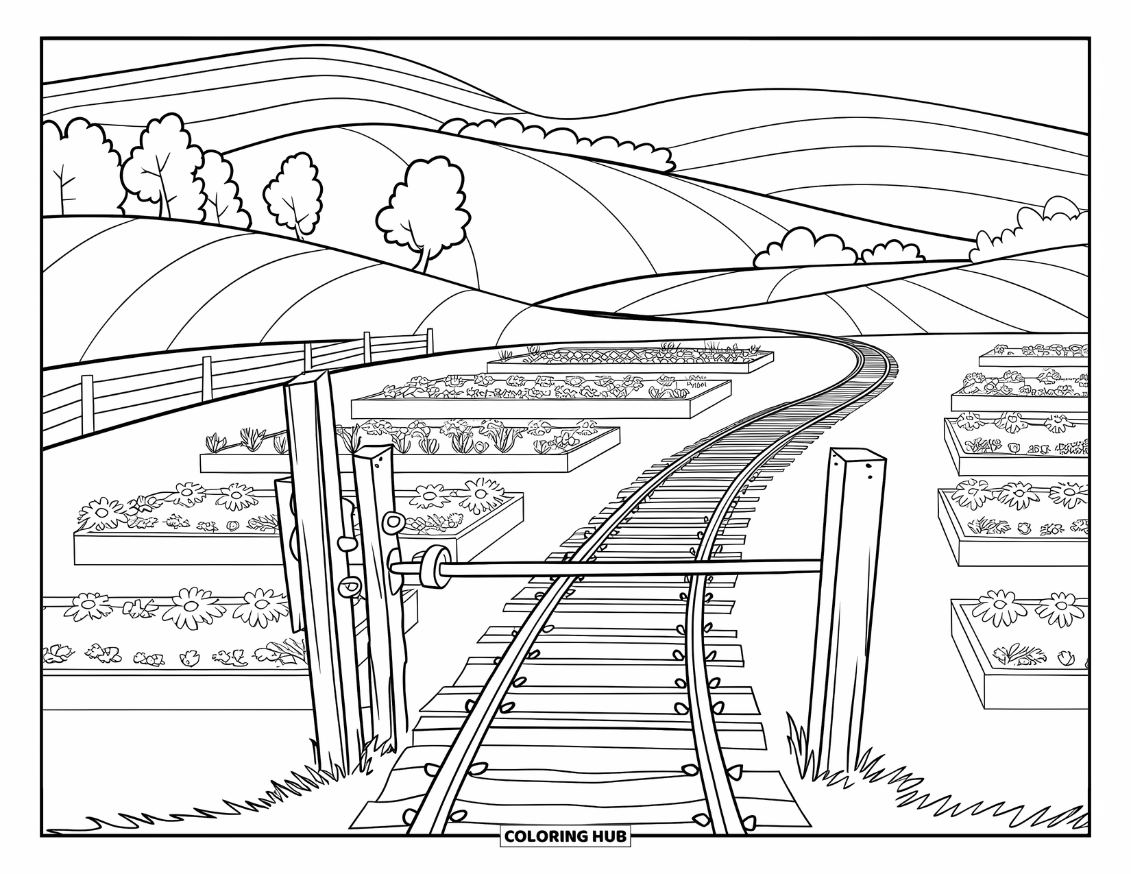 Landscape Scenery Coloring Page for Kids: A single-track railway winds through blooming meadows and farmland