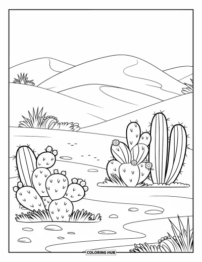 Landscape Scenery Coloring Page for Kids: A soft desert landscape with plump cacti and rolling sand hills