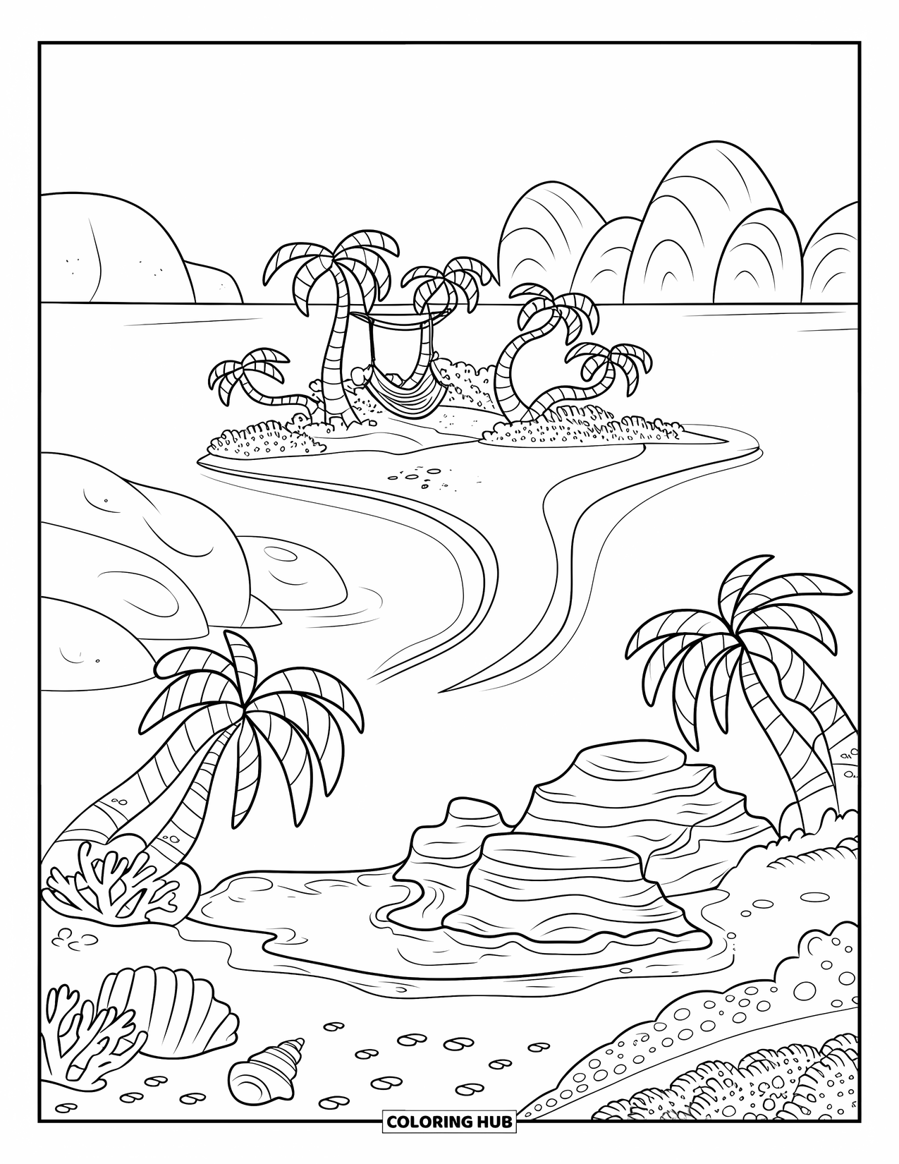 Landscape Scenery Coloring Page for Kids: A soft island beach with palm clusters, shells, and a hammock swaying