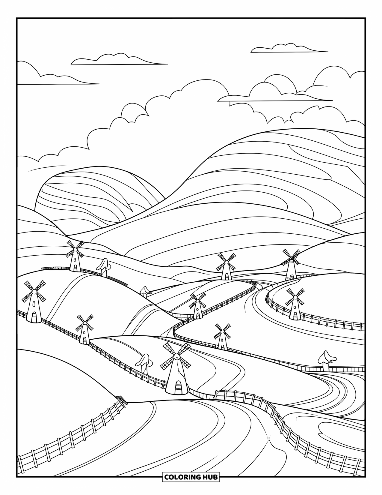 Landscape Scenery Coloring Page for Kids: A soft rural landscape of hills, windmills, and meandering paths