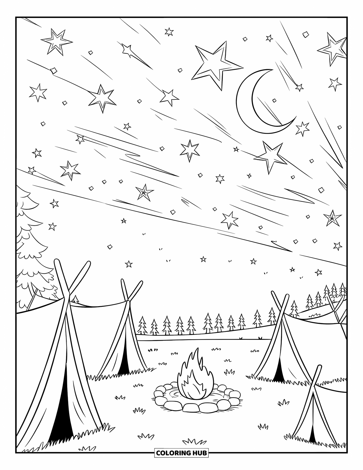 Landscape Scenery Coloring Page for Kids: A starlit campfire scene with tents, logs, and a crescent moon above