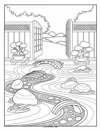 Landscape Scenery Coloring Page for Kids: A tranquil garden scene with raked sand, stones, and bonsai trees