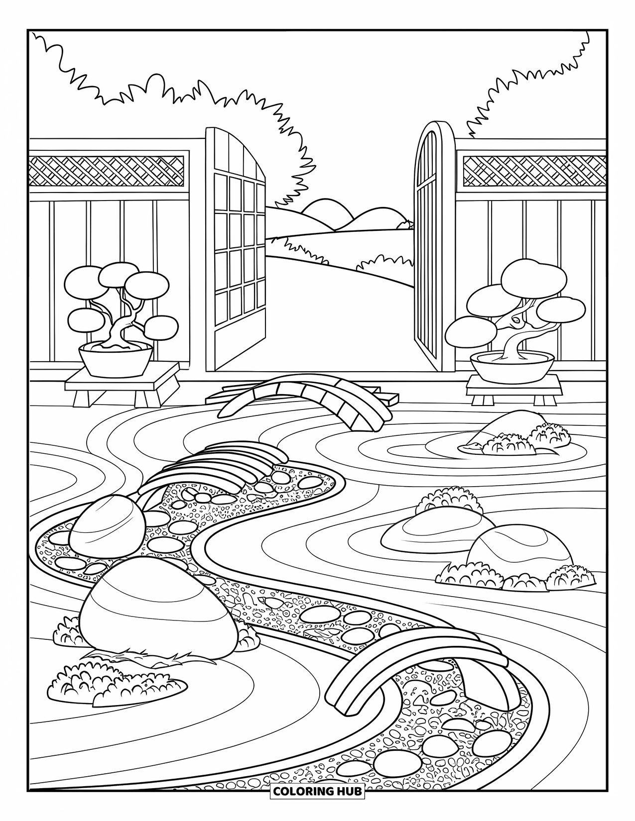 Landscape Scenery Coloring Page for Kids: A tranquil garden scene with raked sand, stones, and bonsai trees