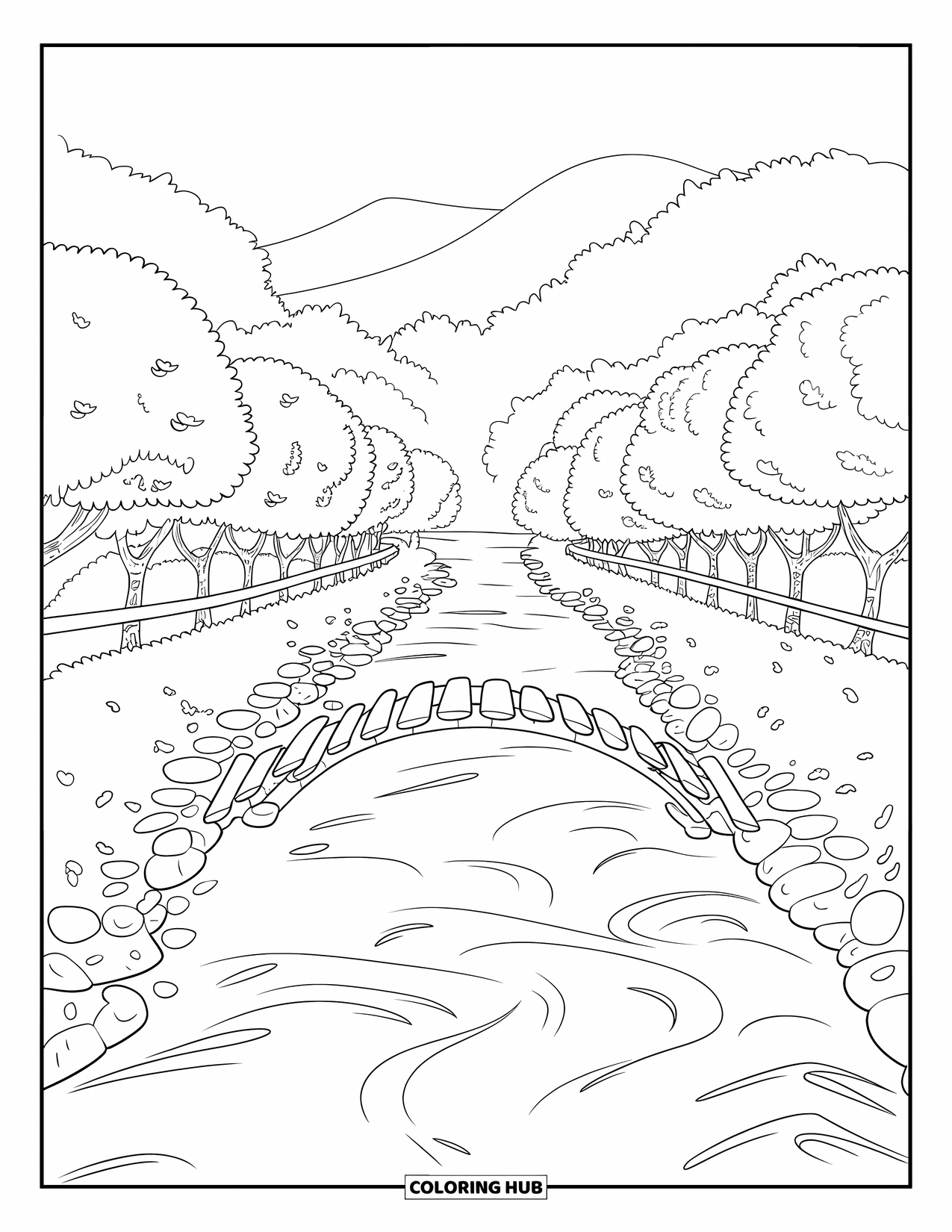 Landscape Scenery Coloring Page for Kids: A tranquil riverside bridge scene framed by blooming cherry trees