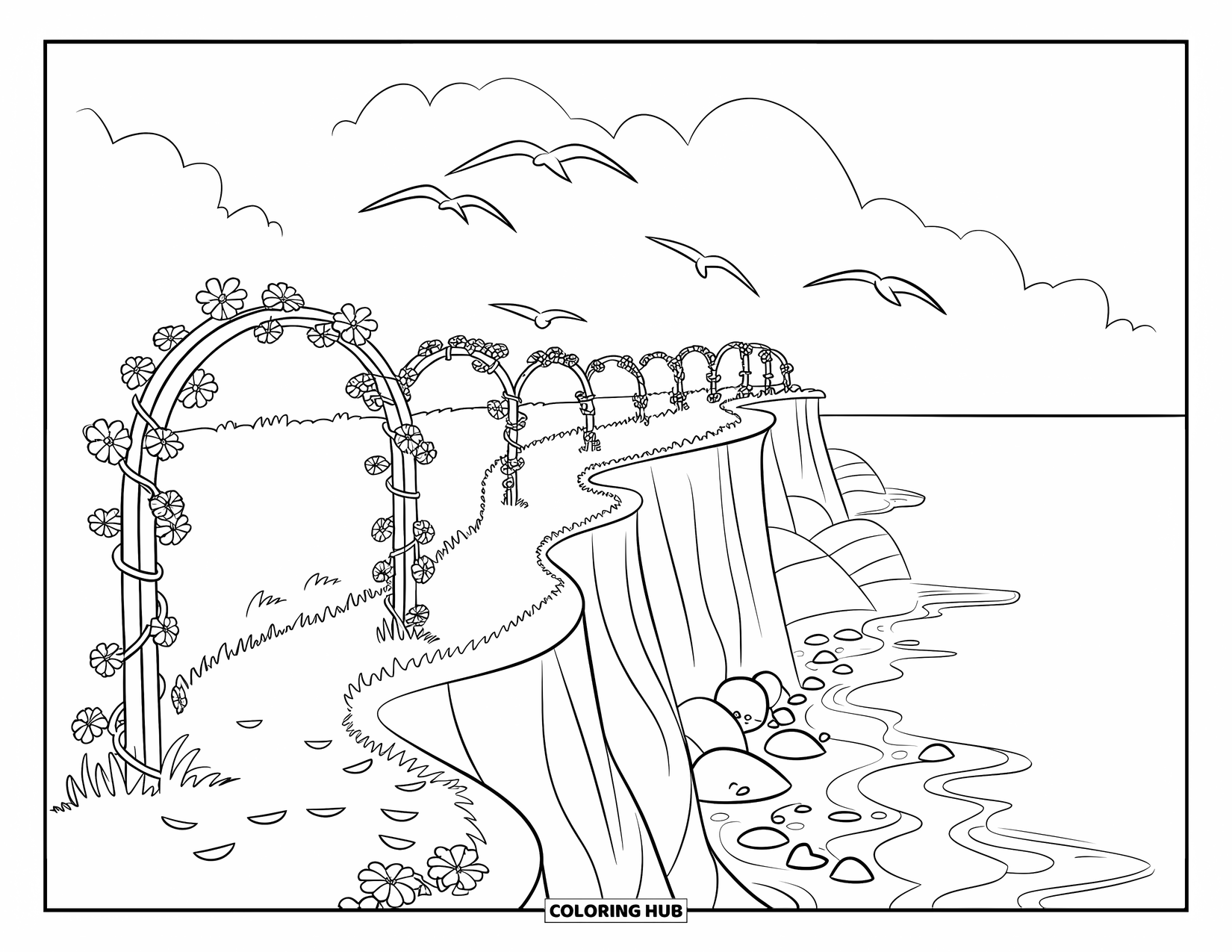 Landscape Scenery Coloring Page for Kids: A winding cliff path with arching vines and seabirds gliding overhead