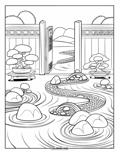 Landscape Scenery Coloring Page for Kids: A zen garden with raked sand, stones, bonsai trees, and small bridges
