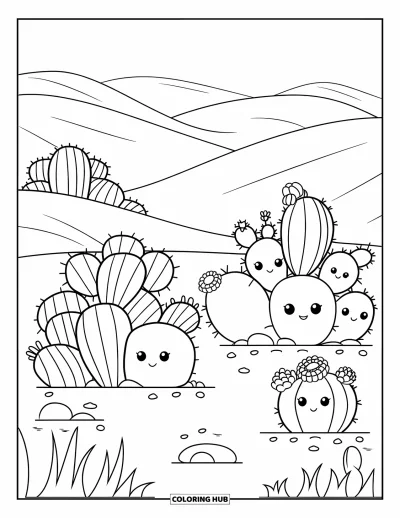 Landscape Scenery Coloring Page for Kids: Clusters of kawaii cacti rest among dunes and tiny pebbles