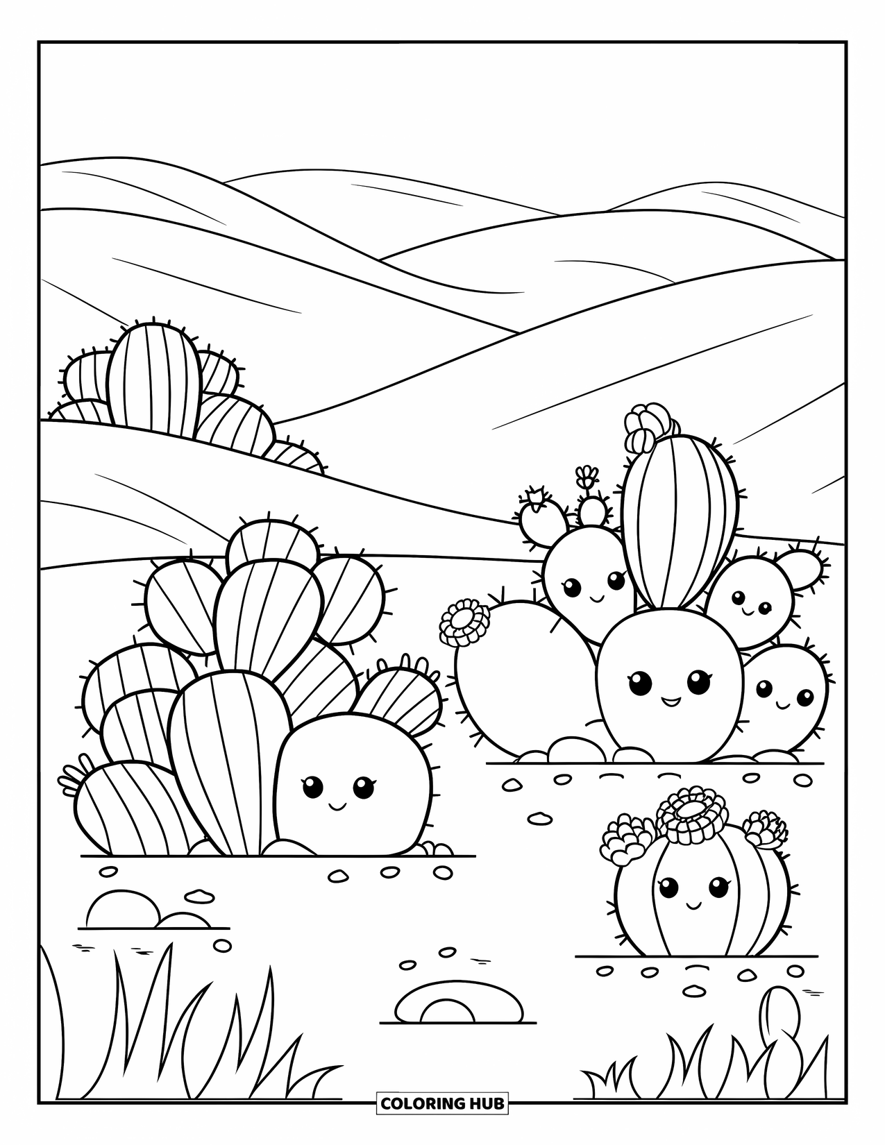 Landscape Scenery Coloring Page for Kids: Clusters of kawaii cacti rest among dunes and tiny pebbles