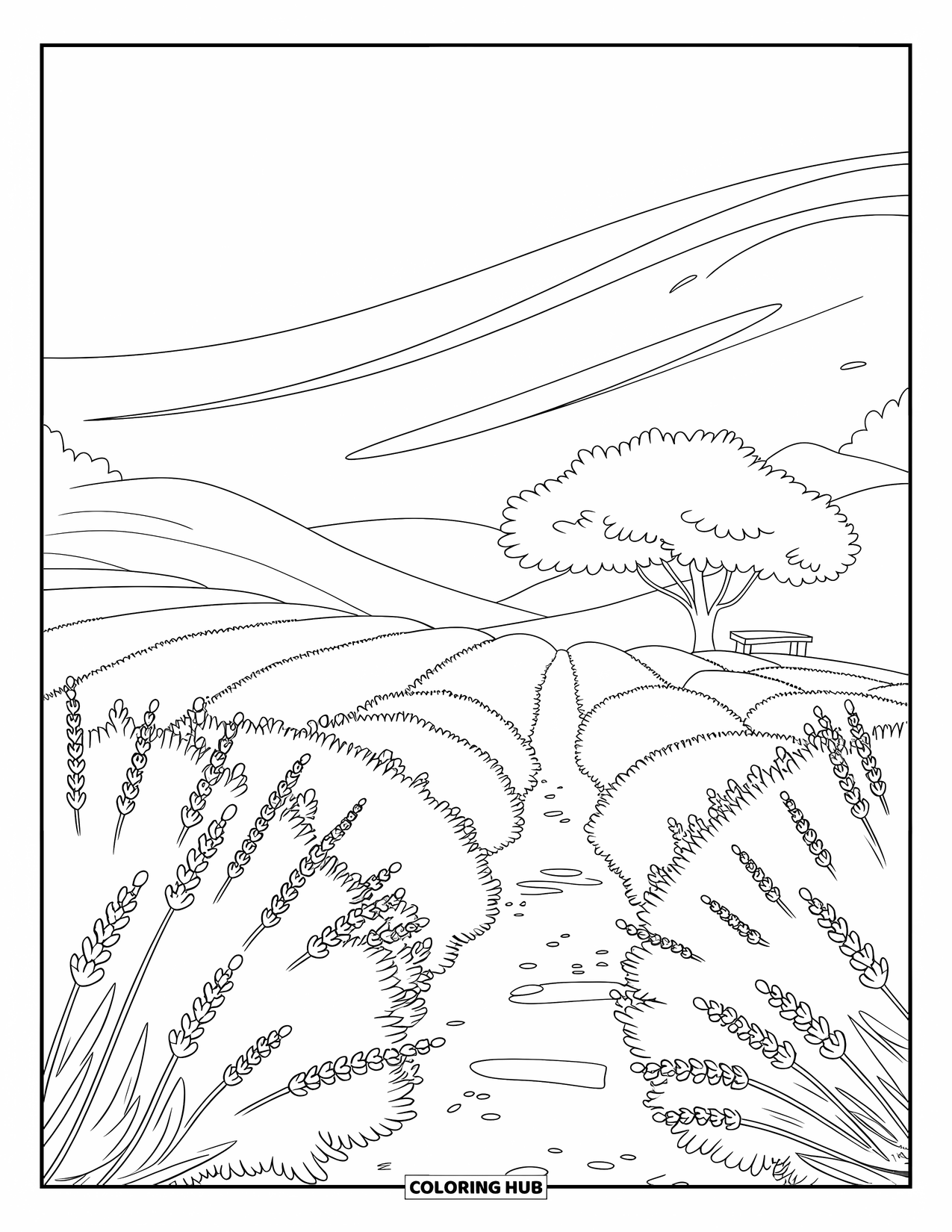Landscape Scenery Coloring Page for Kids: Rows of lavender sway in the wind beside a lonely tree and hills