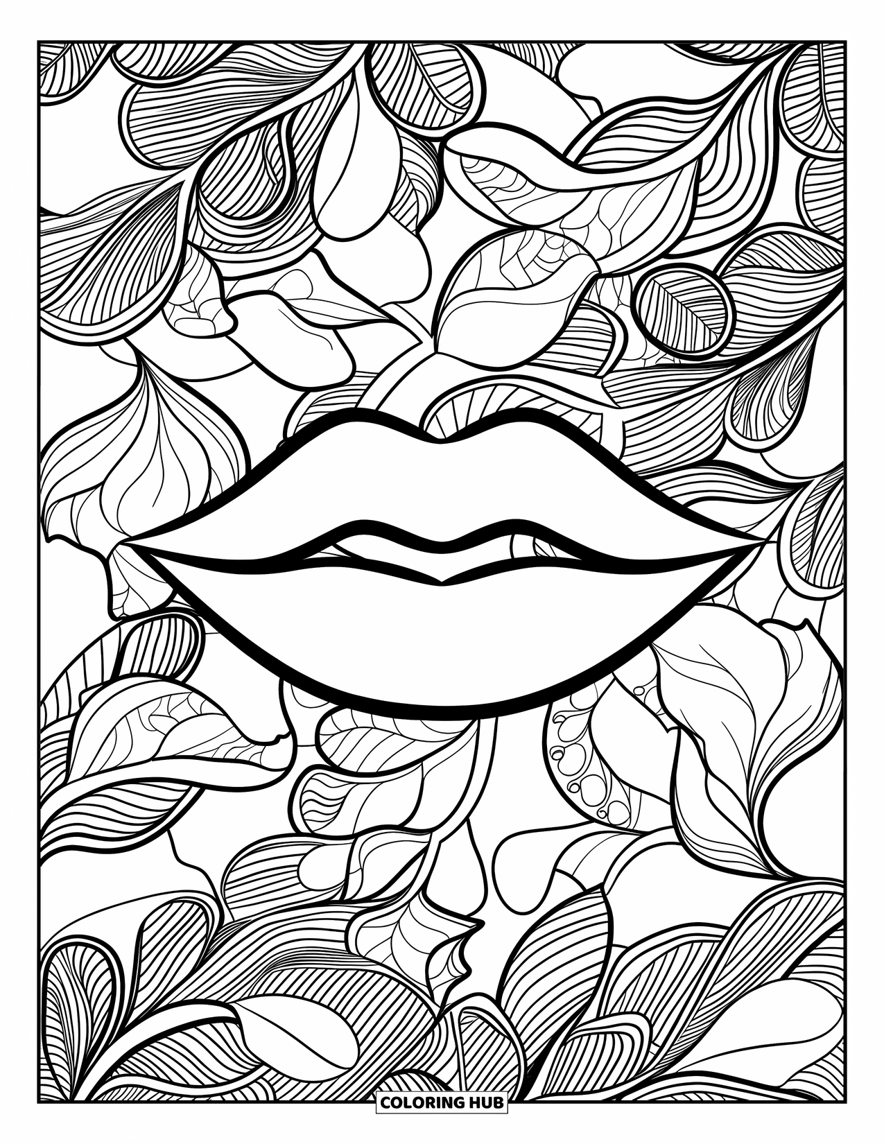 Lips Coloring Page for Adults: A central pair of lips surrounded by detailed floral patterns