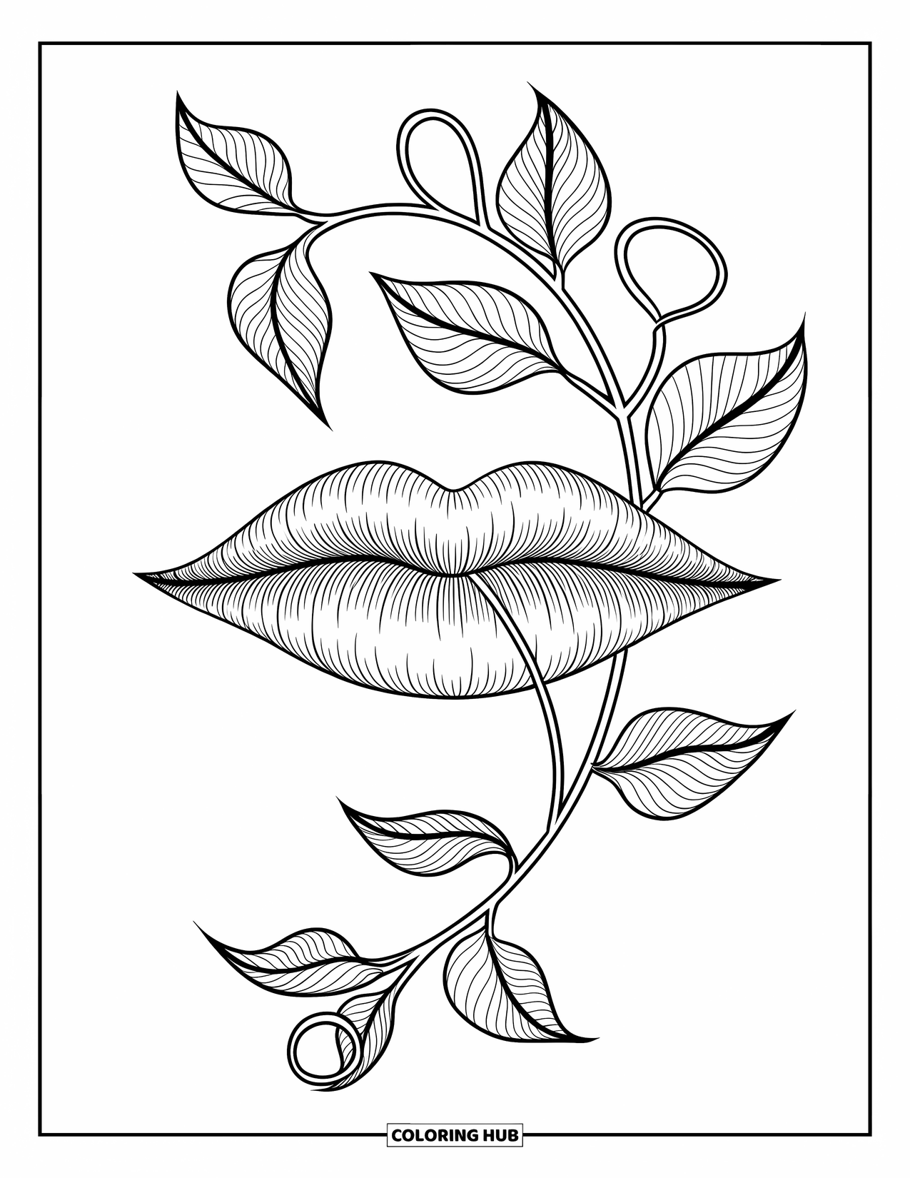 Lips Coloring Page for Adults: A delicate vine curling around lips in a peaceful, elegant design