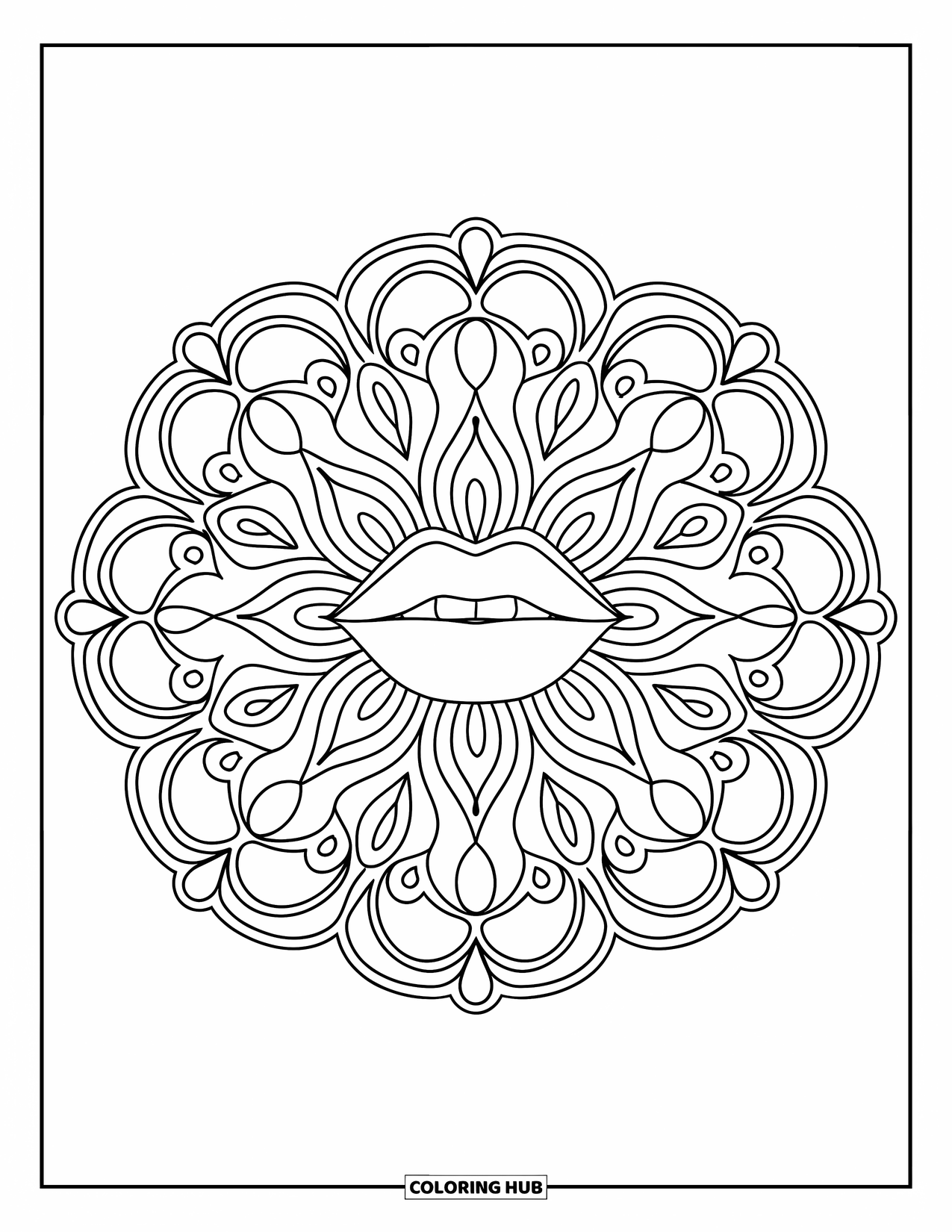 Lips Coloring Page for Adults: A detailed mandala with lips nestled inside its floral patterns