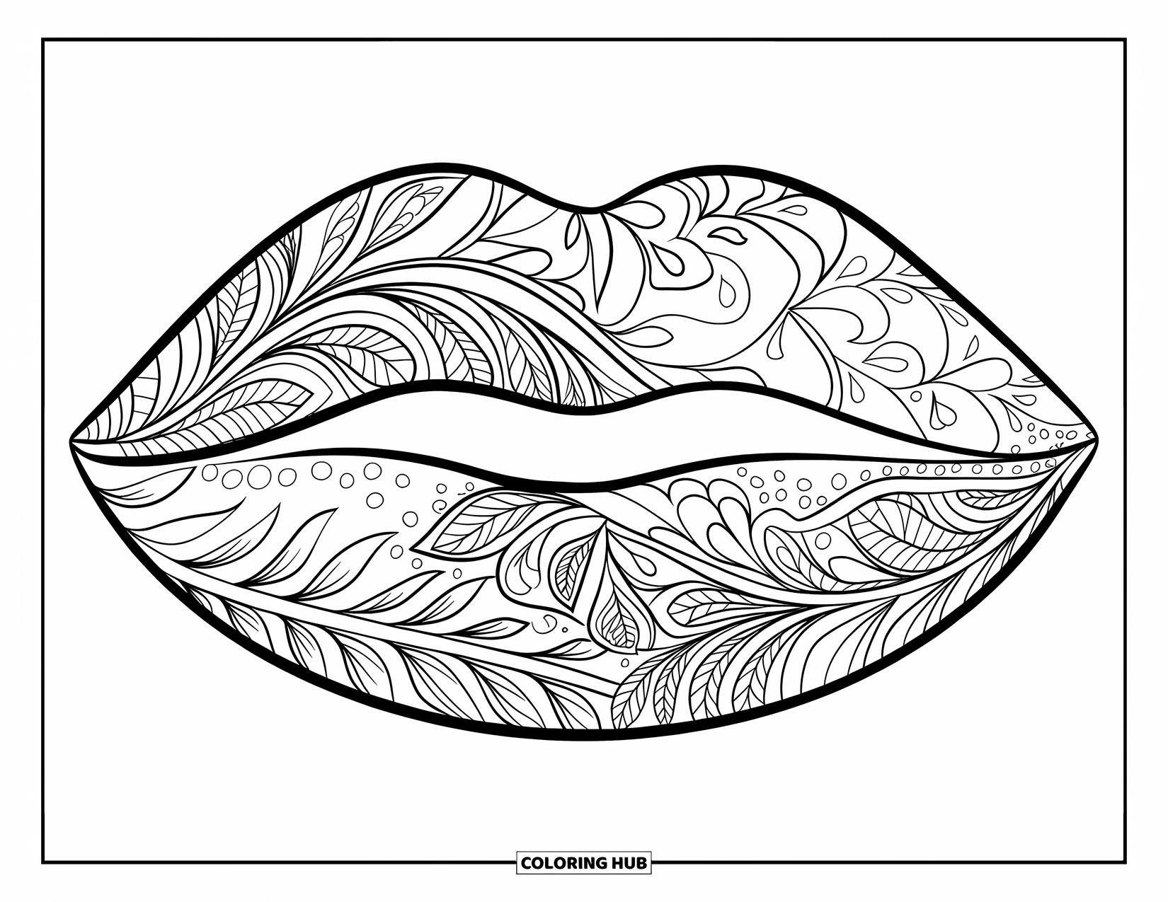 Lips Coloring Page for Adults: A floral and paisley design beautifully overlaying a pair of curved lips
