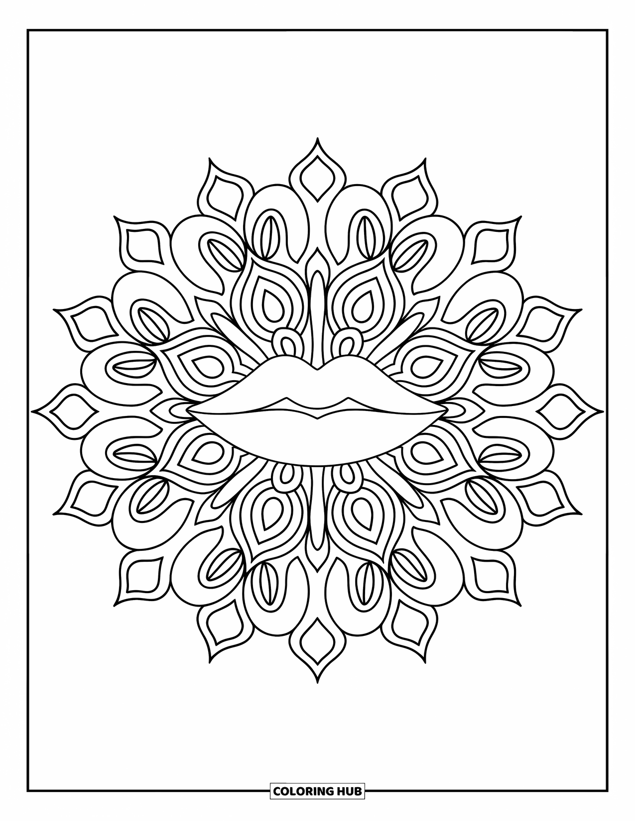 Lips Coloring Page for Adults: A floral mandala design with lips centered in the middle