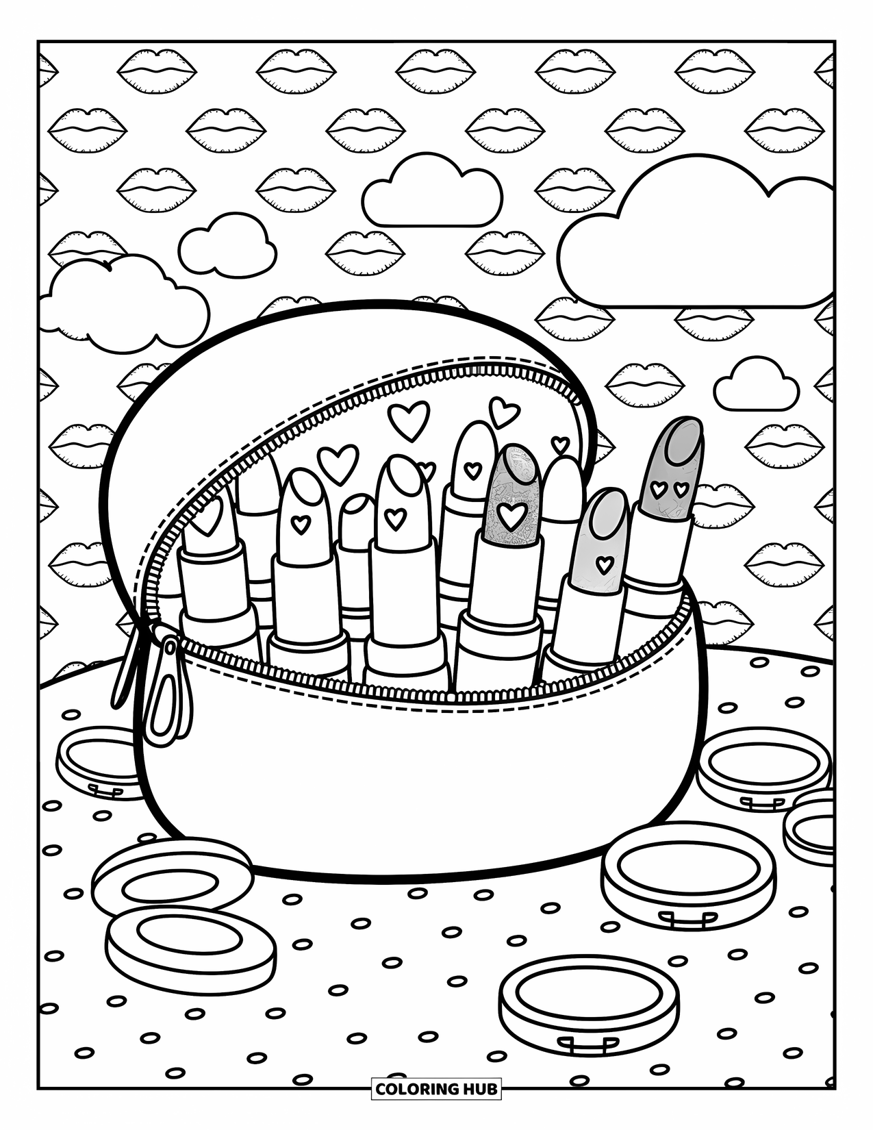 Lips Coloring Page for Adults: An open makeup bag spilling cute lipsticks, mirrors, and fluffy clouds