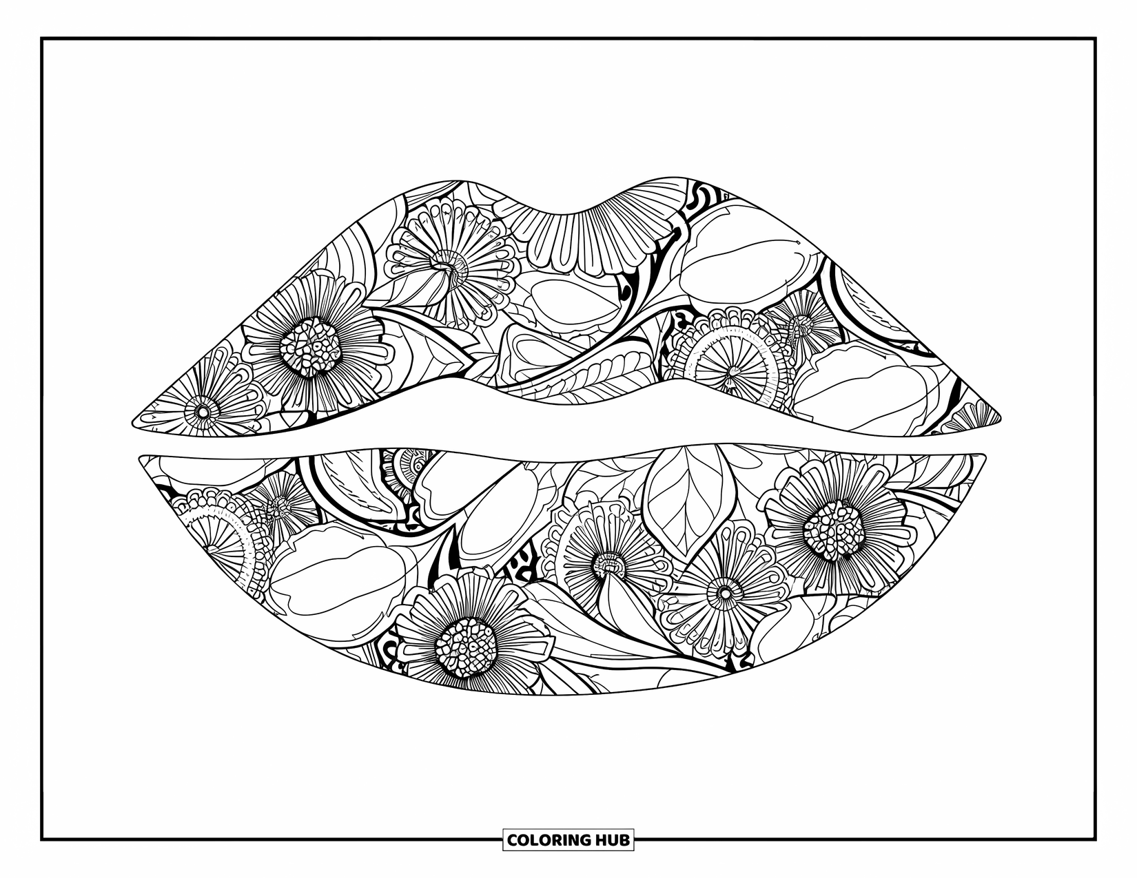 Lips Coloring Page for Adults: Closed lips overlaid with flowers, leaves, and paisley shapes