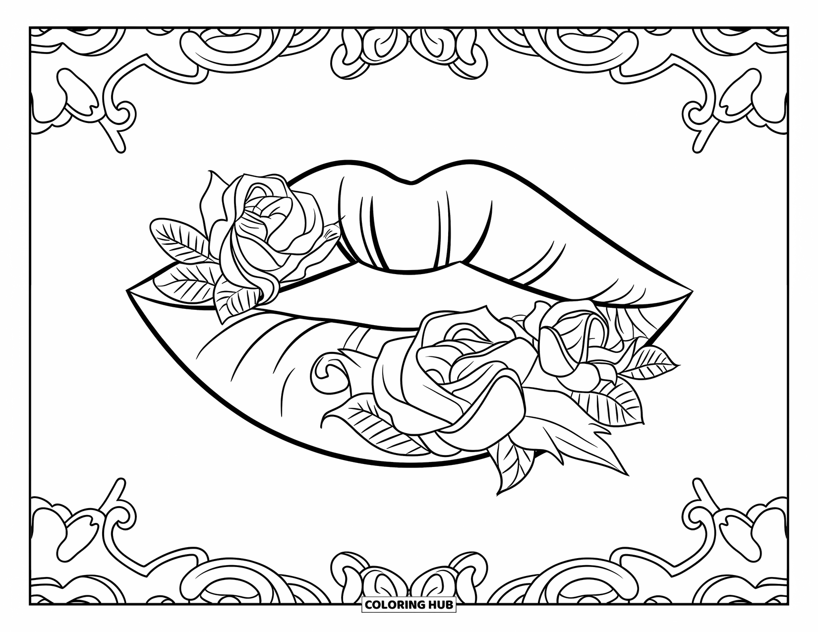 Lips Coloring Page for Adults: Lips adorned with ornamental roses and baroque-style details