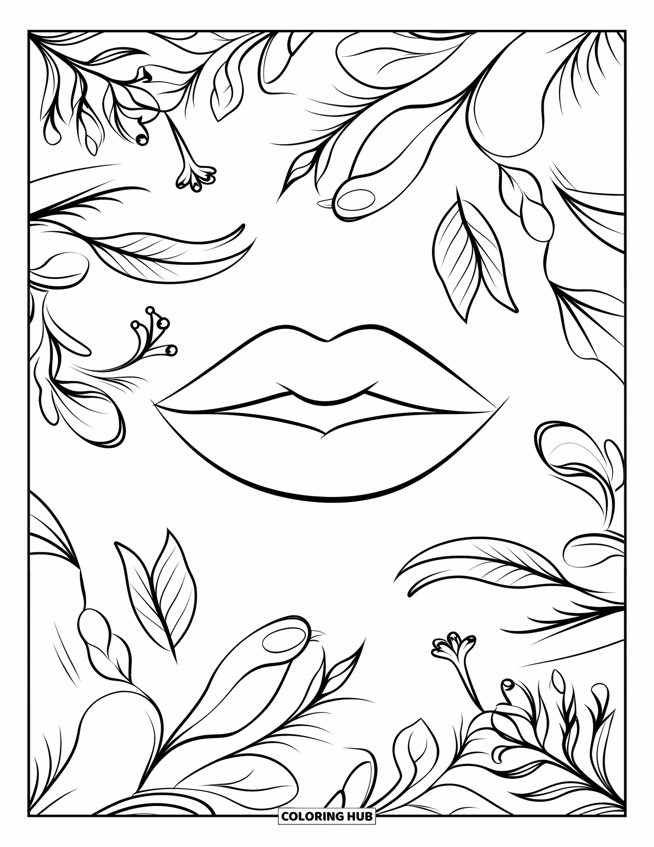 Lips Coloring Page for Adults: Lips centered within swirling patterns of flowers and leaves