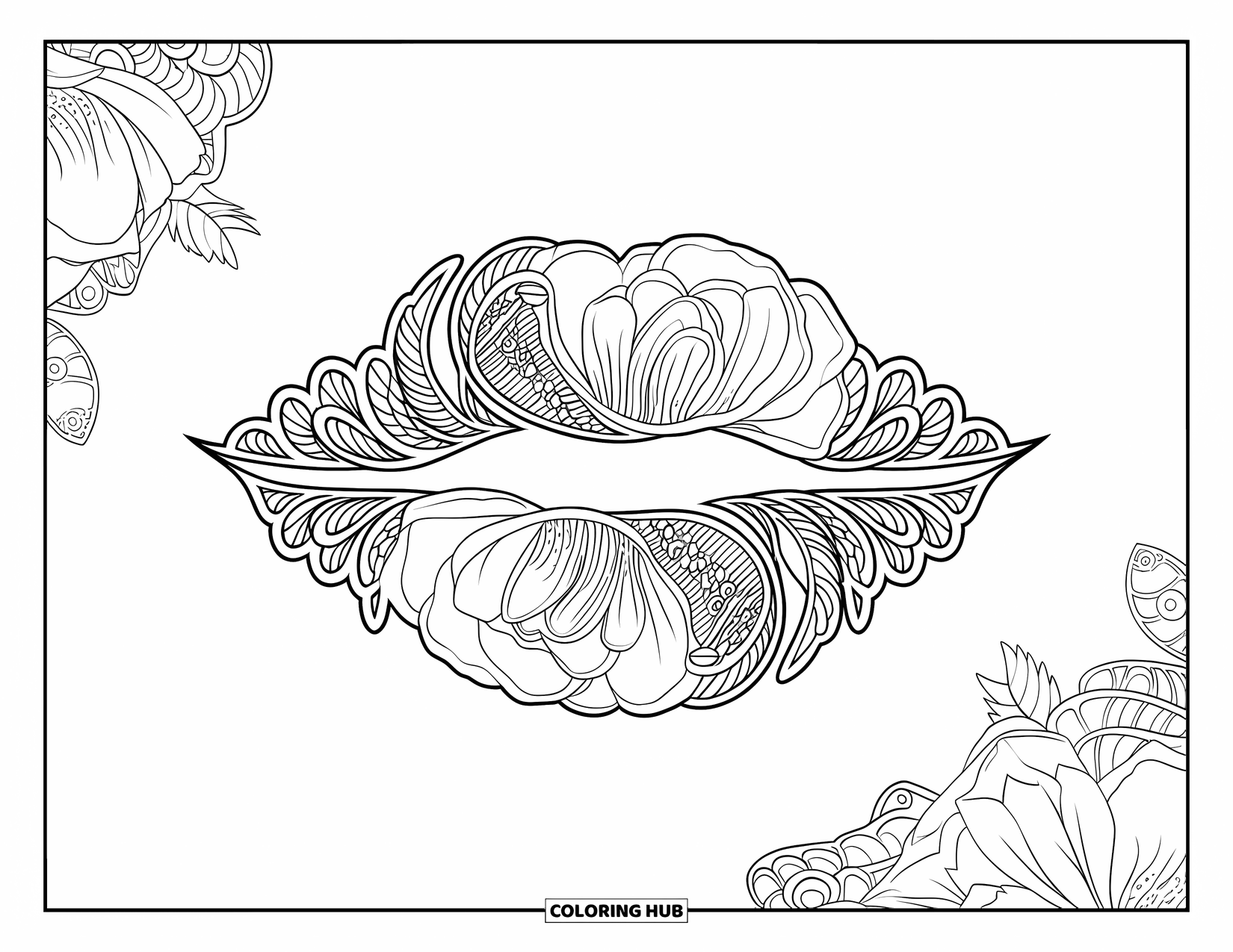 Lips Coloring Page for Adults: Lips formed from rose petals surrounded by ornate baroque patterns